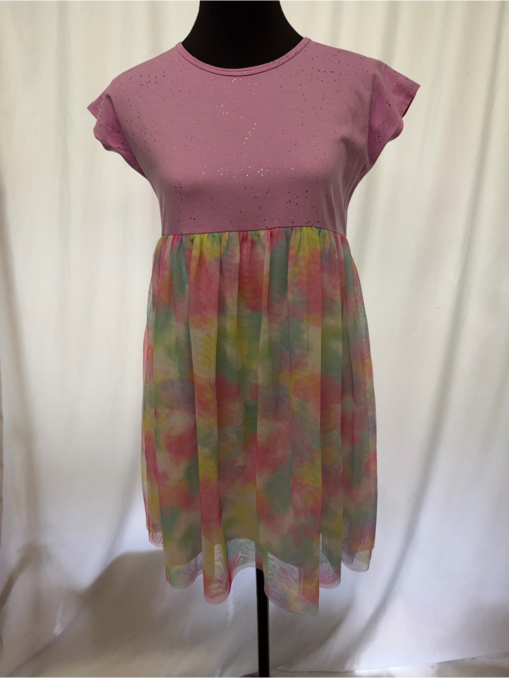 Wonder Nation XL 14-16 Plus Pink Pastel Watercolor Glitter Mesh Dress NWOT